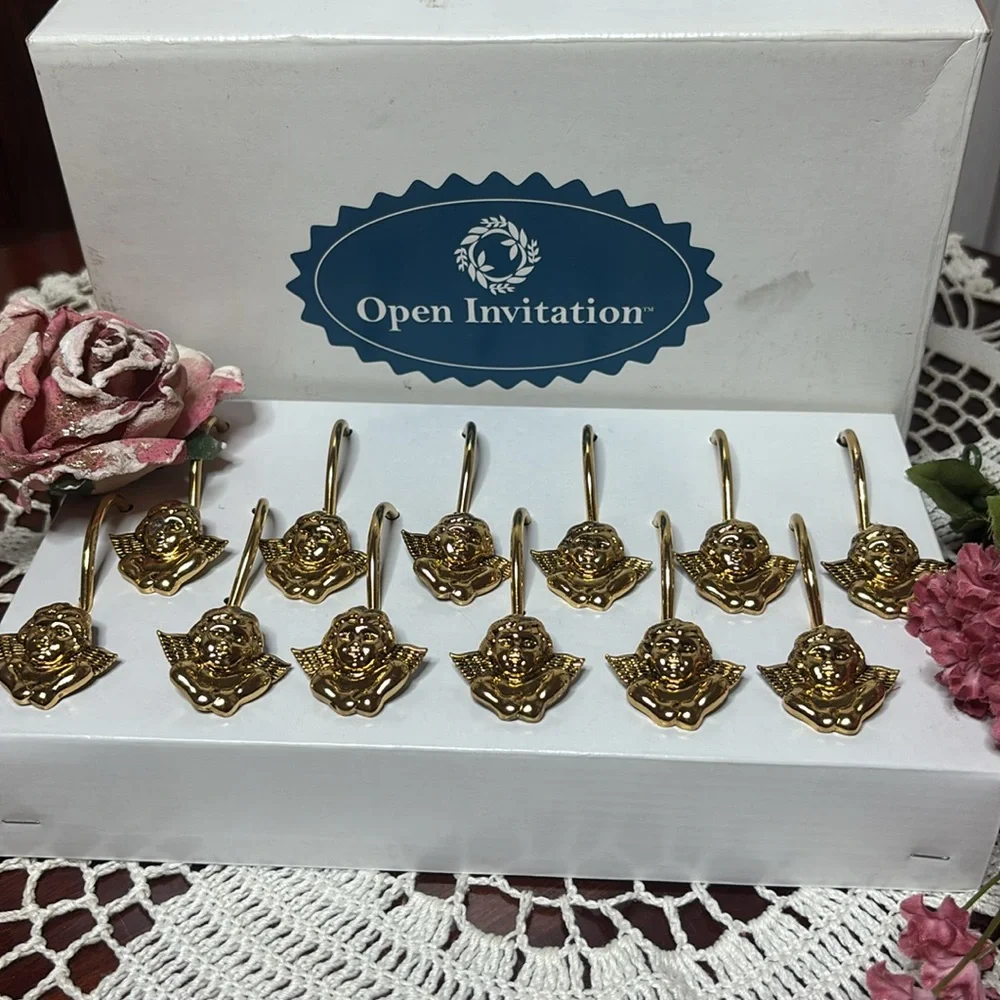 Vintage Shower Curtain Rings Victorian Cherub Angel Gold Brass Hook Set of 12